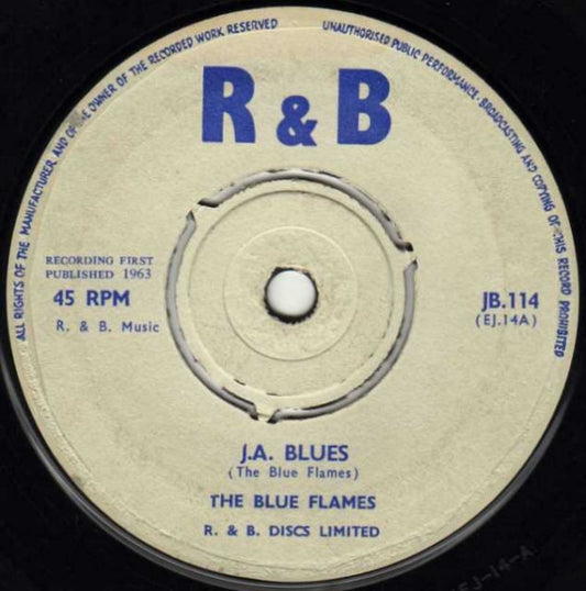 Image of Front Cover of 1415499C: 7" - THE BLUE FLAMES, J.A. Blues / Orange Street (R&B; JB.114, UK 1963, 3-Prong Centre) Centre intact. Small stains and discolouration on labels  /G