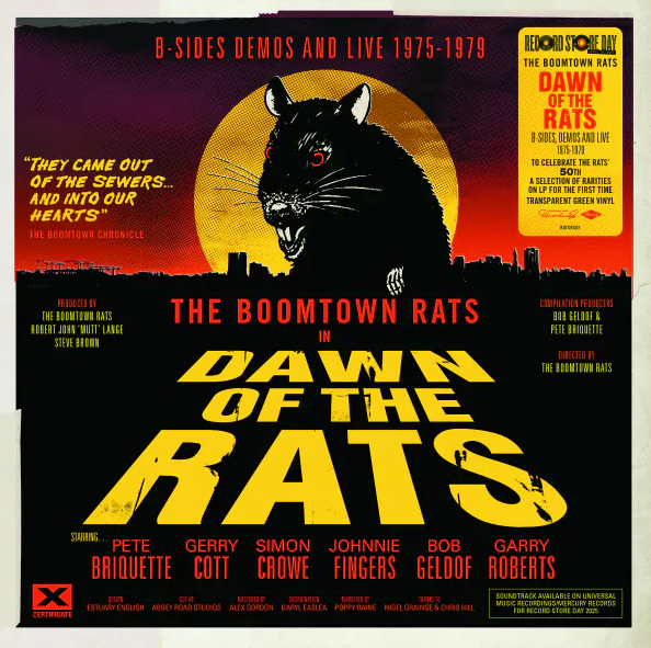 Image of Front Cover of LP - NEW/NEW - THE BOOMTOWN RATS, Dawn of the Rats (EMI; 7587740, UK 2025, Transparent Green Vinyl), , As the leader of The Boomtown Rats, Bob Geldof led his band of Dublin new-wavers right to the very top of the UK charts. But before that perfect power-pop, there was something raw and very dirty. For the first time on vinyl, their live demo tapes from 1975-1979 are heard. - 1136129E
