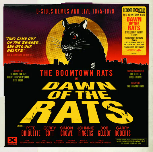 Image of Front Cover of LP - NEW/NEW - THE BOOMTOWN RATS, Dawn of the Rats (EMI; 7587740, UK 2025, Transparent Green Vinyl), , As the leader of The Boomtown Rats, Bob Geldof led his band of Dublin new-wavers right to the very top of the UK charts. But before that perfect power-pop, there was something raw and very dirty. For the first time on vinyl, their live demo tapes from 1975-1979 are heard. - 1136129E