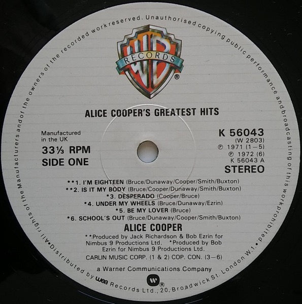 Image of Label Cover of LP - VG/VG - ALICE COOPER, Alice Cooper's Greatest Hits (Warner Bros. Records; K 56043, UK 1970s Reissue, Manufactured in the UK on Labels, Space Between Last Two Lines of Text on Labels), ,  - 1216171C