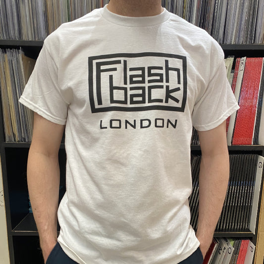 Image of Front Cover of Accessories - NEW/NEW - FLASHBACK LOGO T-SHIRT, London Black Logo On White Shirt - M (; 1535050, UK 2025, Gildan Heavy Cotton, MEDIUM WHITE MENS), ,  - 3815507C