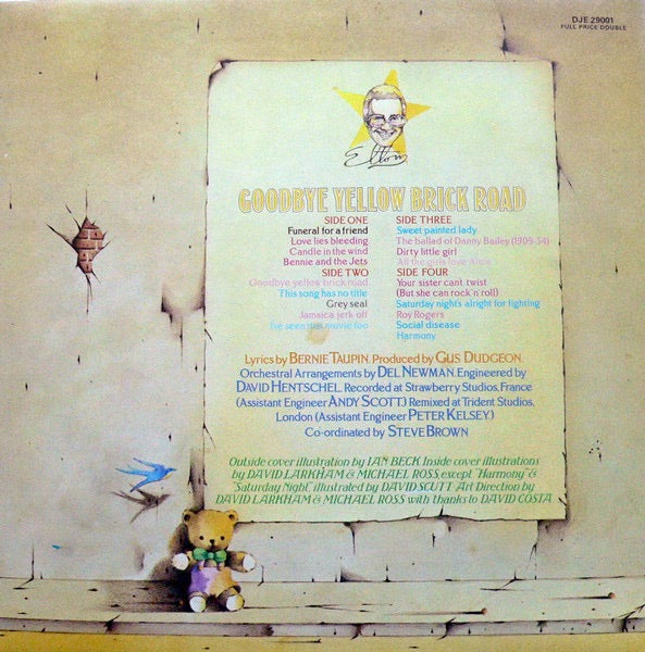 Image of Back Cover of 2xLP - VG+/VG+ - ELTON JOHN, Goodbye Yellow Brick Road (DJM Yellow Labels; DJE 29001, UK 1978 Reissue, Triple Gatefold, No Inners, Yellow Vinyl), Green Hype Sticker on Front Sleeve,  - 4026181E