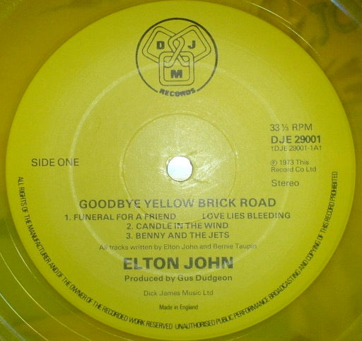 Image of Label Cover of 2xLP - VG+/VG+ - ELTON JOHN, Goodbye Yellow Brick Road (DJM Yellow Labels; DJE 29001, UK 1978 Reissue, Triple Gatefold, No Inners, Yellow Vinyl), Green Hype Sticker on Front Sleeve,  - 4026181E