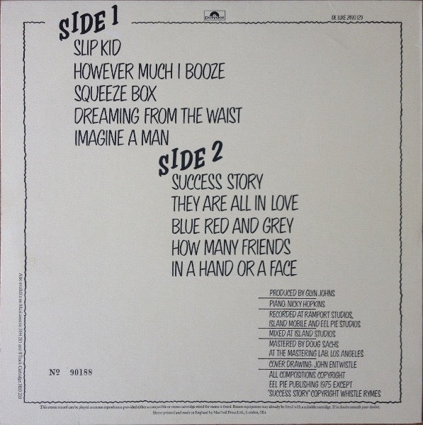 Image of Back Cover of 4745084S: LP - THE WHO, The Who By Numbers (Polydor; 2490 129, UK 1975, Numbered Limited Edition) No. 130698, Ring Wear  VG/G+