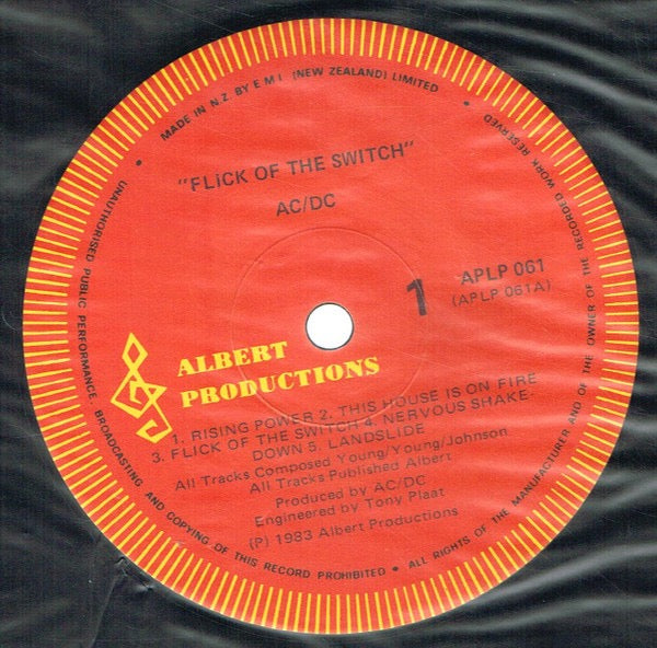 Image of Label Cover of LP - VG/VG - AC/DC, Flick Of The Switch (Albert Productions; APLP 061, New Zealand 1983, Embossed Sleeve, Inner), Strong VG, A few very light marks, Sleeve a little wavy from but nicely intact,  - 1515258C