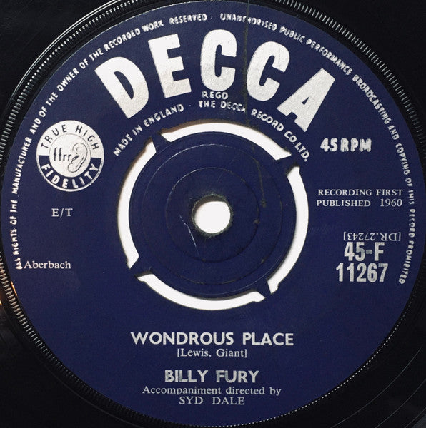 Image of Front Cover of 7" - VG+/VG - BILLY FURY, Wondrous Place / Alright, Goodbye (Decca; F 11267, UK 1960, Company Sleeve), ,  - 2826351E