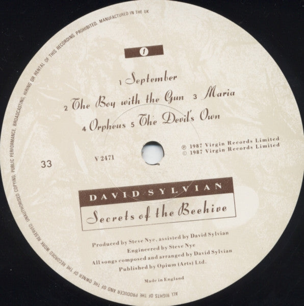 Image of Label Cover of LP - VG/G+ - DAVID SYLVIAN, Secrets Of The Beehive (Virgin; V 2471, UK 1987, No Insert), ,  - 2616223C