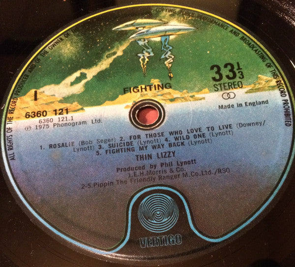 Image of Label Cover of LP - VG/VG+ - THIN LIZZY, Fighting (Vertigo Spaceship; 6360 121, UK 1975, Fully Laminated Sleeve, 1975 & Phongram Ltd On One Line On Label, T In Runouts), ,  - 1416508C