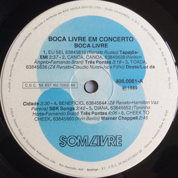Image of Label Cover of 1515494C: LP - BOCA LIVRE, Em Concerto (Som Livre; 406.0061, Brazil 1989, Insert)   VG/VG+
