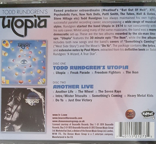 Image of Back Cover of 2xCD - VG+/VG+ - UTOPIA, Todd Rundgren's Utopia/Another Live (Edsel Records; EDSD 2127, UK 2012, Jewel Case), ,  - 2316497C