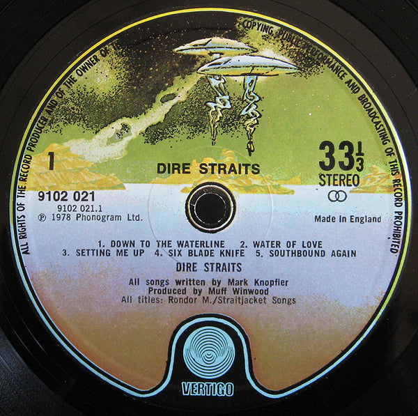 Image of Label Cover of LP - G+/VG - DIRE STRAITS, Dire Straits (Vertigo Spaceship; 9102 021, UK 1978, Inner, Label Address on Rear of Sleeve, "1" Side Indicator), Biro Marks On Rear Sleeve,  - 2226249E