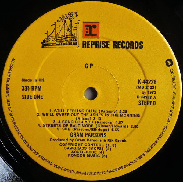Image of Label Cover of LP - VG/VG - GRAM PARSONS, GP (Reprise Tan WB Logo; K 44228, UK 1970s Reissue, Gatefold), Lots of hairline marks,  - 3716091C