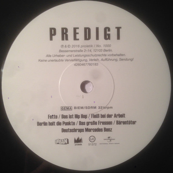 Image of Label Cover of LP - VG+/VG+ - MC BOMBER, Predigt (Proletik; No. 1000, Germany 2016, 180 Gram Vinyl), ,  - 1645174S