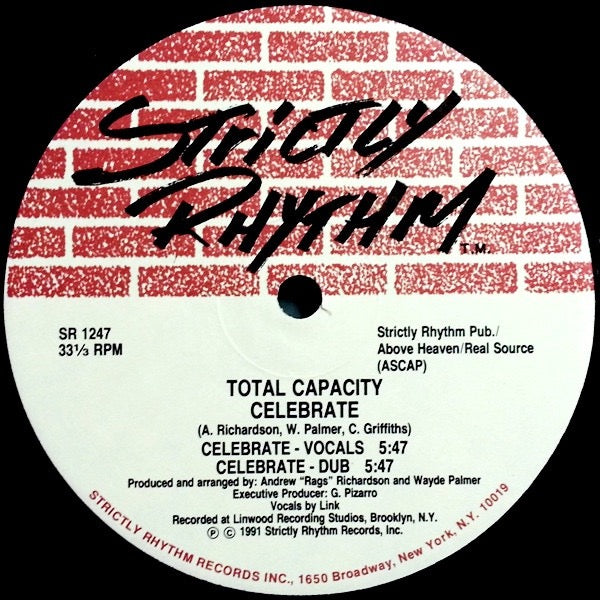 Image of Back Cover of 12" - /VG+ - TOTAL CAPACITY, Ambience / Celebrate (Strictly Rhythm; SR 1247, US 1991, Plain Sleeve), highlighter on labels - v. minor,  - 2646031S