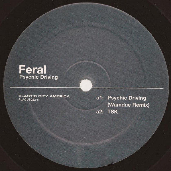 Image of Back Cover of 12" - VG/VG - FERAL, Psychic Driving (Plastic City America; PLACUS022-6, US 2000, Company Sleeve), Sleeve has old price sticker on front. Worn and scuffed. Writing on label in marker, A1 Psychic Driving (Wamdue Remix)A2 TSKB1 Psychic DrivingB2 Borderlands - 3816118C