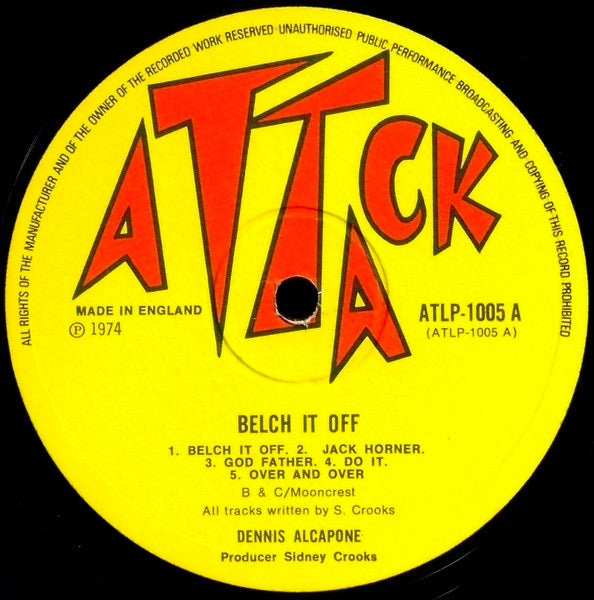 Image of Label Cover of LP - VG+/VG+ - DENNIS ALCAPONE, Belch It Off (Attack; ATLP1005, UK 1974, Laminated Sleeve), ,  - 4925086E