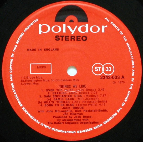 Image of Label Cover of LP - VG/VG - JACK BRUCE, Things We Like (Polydor; 2343033, UK 1970), Strong VG - A few hairlines, edge and ring wear,  - 1346011S