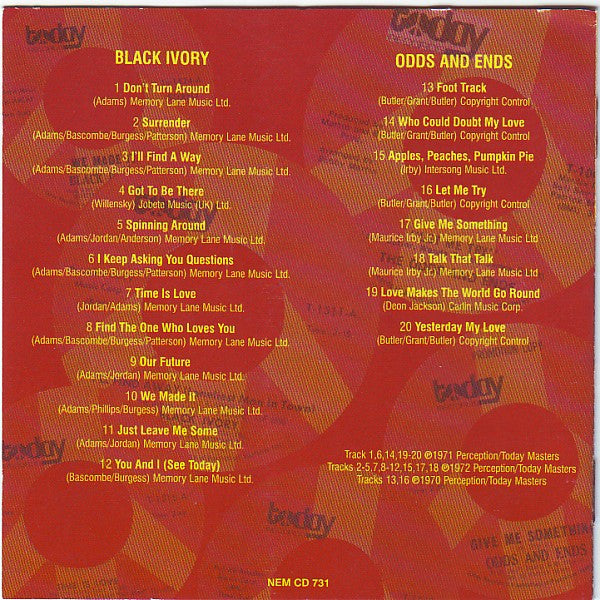 Image of Back Cover of CD - VG+/VG+ - BLACK IVORY VS ODDS AND ENDS, Battle Of The Bands Round One (Sequel Records; NEM CD 731, UK 1997, Jewel Case), ,  - 1735212E