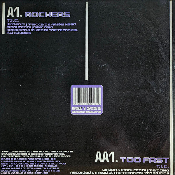 Image of Back Cover of 12" - VG/VG - T.I.C., Rockers / Too Fast (Back 2 Basics; B2B12023, UK 1995), Strong VG. Minor marks only and slight edge wear to sleeve,  - 3046320S