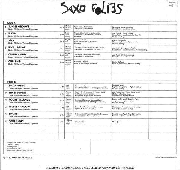 Image of Back Cover of 1815093C: LP - DIDIER MALHERBE - ARMAND FRYDMAN, Saxo Folies (Koka Media; KOK 60, France 1987) Strong VG to disc - light marks only.  VG+/VG