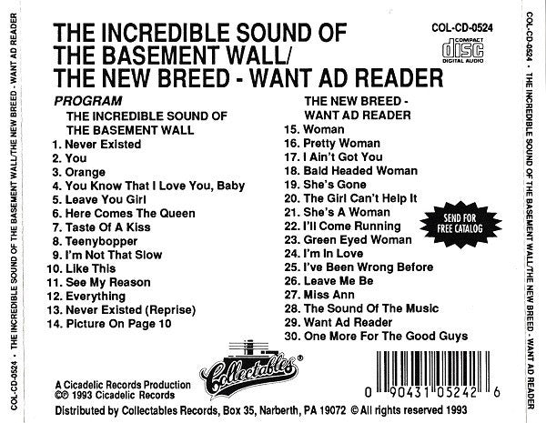 Image of Back Cover of CD - VG+/VG+ - THE BASEMENT WALL / THE NEW BREED, The Incredible Sound Of... / Want Ad Reader (Collectables; COL-CD-0524, US , Jewel Case), ,  - 1815112C