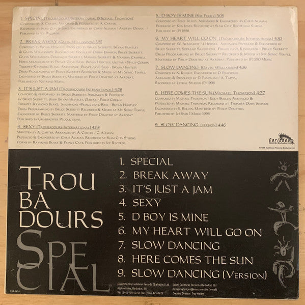 Image of Back Cover of LP - VG/VG - VARIOUS, Troubadours International - Special (Caribbean Records ; EAB 245, Barbados 1998), Record and Sleeve Strong VG.,  - 1825124E