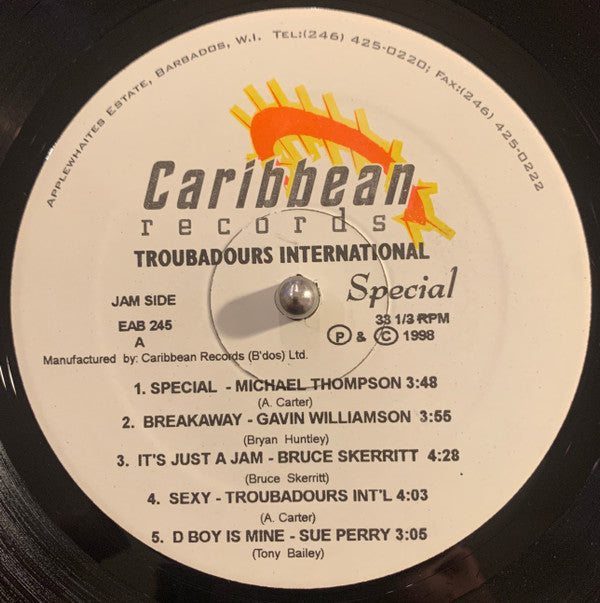 Image of Label Cover of LP - VG/VG - VARIOUS, Troubadours International - Special (Caribbean Records ; EAB 245, Barbados 1998), Record and Sleeve Strong VG.,  - 1825124E