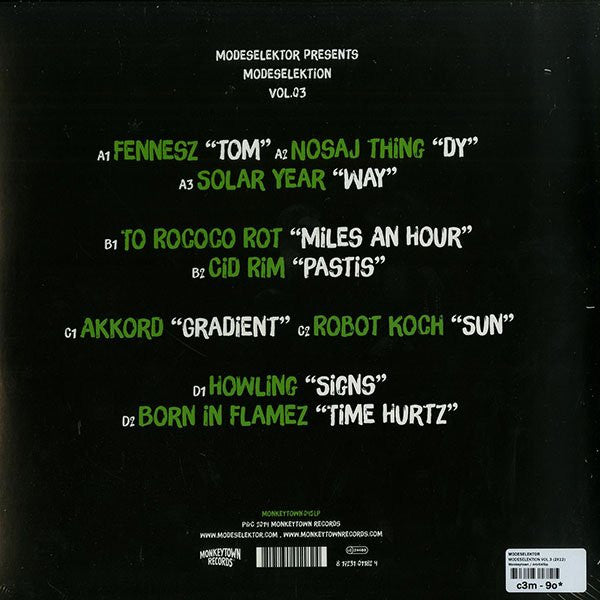 Image of Back Cover of 4315187C: 2xLP - MODESELEKTOR, Modeselektion Vol. 03 (Monkeytown Records; MONKEYTOWN045LP, Germany 2014, Gatefold) Discs are glossy with light marks.  VG/VG