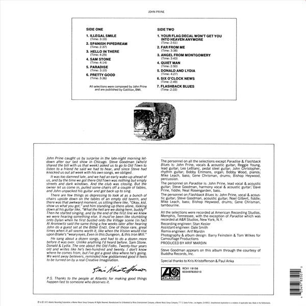 Image of Back Cover of LP - NEW/NEW - JOHN PRINE, John Prine (Atlantic; RCV1 19156, Europe 2023, Insert, Clear Vinyl ), ,  - 5215034C