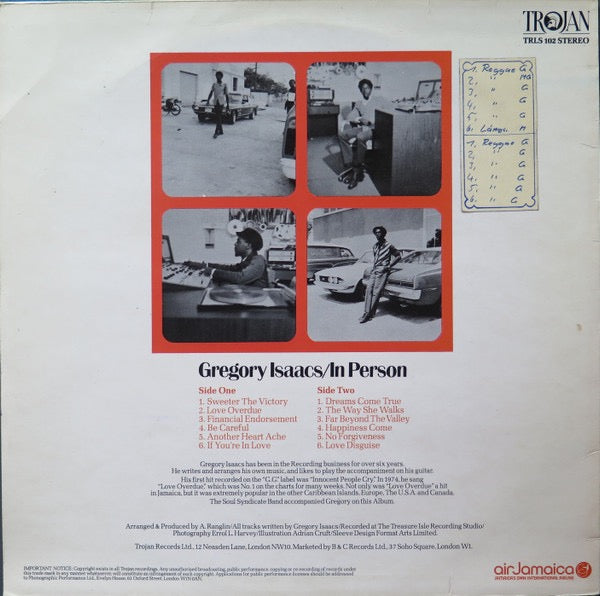 Image of Back Cover of LP - VG/G+ - GREGORY ISAACS, In Person (Trojan Records; TRLS 102, UK 1980s Reissue, Glossy Sleeve), Lots of light marks, plays through ok. Quite a bit of wear on sleeve, yellowing, still looks ok.,  - 2426194E