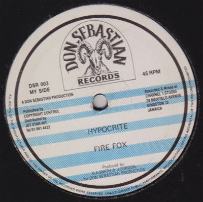 Image of Front Cover of 1825348E: 12" - FIRE FOX / JIM IRIE, Hypocrite / Wild African (Don Sebastian Records; DSR 003, Jamaica 1986)   /VG+