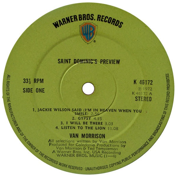 Image of Label Cover of LP - VG/VG+ - VAN MORRISON, Saint Dominic's Preview (WB Green With WB Orange Shield Logo, NO "Made In UK"; K46172, UK 1972, NO Insert, RAYS/KIPPER), ,  - 1716373C