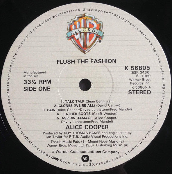 Image of Label Cover of LP - VG/VG+ - ALICE COOPER, Flush The Fashion (Warner Bros. Records; K56805, UK 1980, Inner), Light sleeve crease     ,  - 0616191C