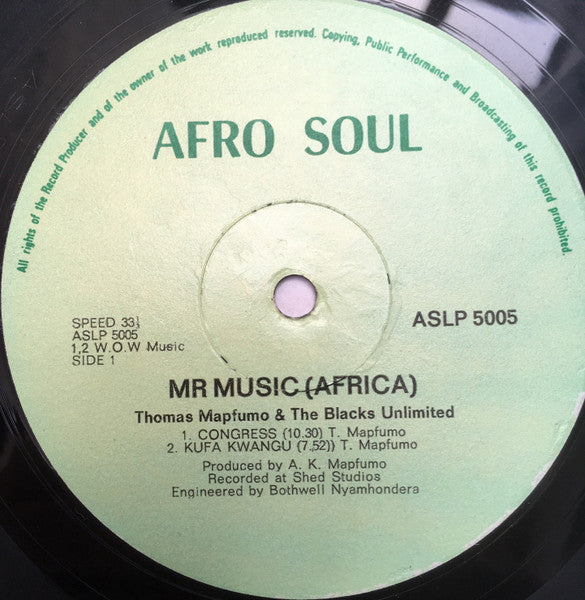 Image of Label Cover of LP - VG/VG+ - THOMAS MAPFUMO AND THE BLACKS UNLIMITED, Mr Music (Africa) (Afro Soul; ASLP 5005, Zimbabwe 1985), Small tear on sleeve.,  - 4226235E