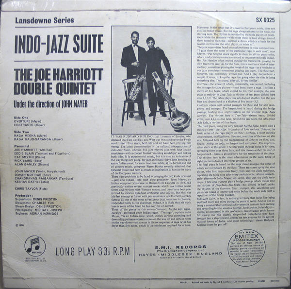 Image of Back Cover of 4344286S: LP - THE JOE HARRIOTT DOUBLE QUINTET & JOHN MAYER, Indo-Jazz Suite (Columbia (Blue/Black label); SX 6025, UK 1966, Front Laminated Flipback Sleeve, Company Inner, Mono) Clean cover with a few laminate creases. Disc would be a strong VG if not for a couple deeper marks on side 2.  VG/G+