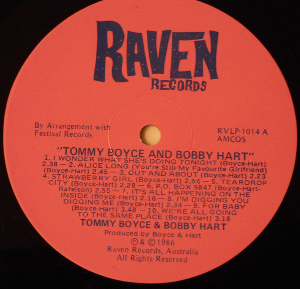 Image of Label Cover of LP - VG/VG+ - TOMMY BOYCE & BOBBY HART, Tommy Boyce & Bobby Hart (I Wonder What She's Doing Tonight And 19 Other Original Classic Tracks, 1967-1969) (Raven Records ; RVLP 1014, Australia 1986, Gatefold), ,  - 3215625C