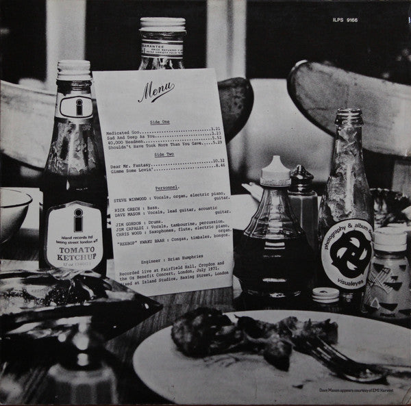 Image of Back Cover of 1925150E: LP - TRAFFIC, Welcome To The Canteen (Island Pink/i logo; ILPS 9166,  1971, Laminated Thick Card Sleeve With Pinched Spine, White Inner Made in Germany, , Unknown Version. ILPS A2-U, B1-U Matrix. No Other Identifiers. ) les Discotheques Sticker on Sleeve  VG+/VG