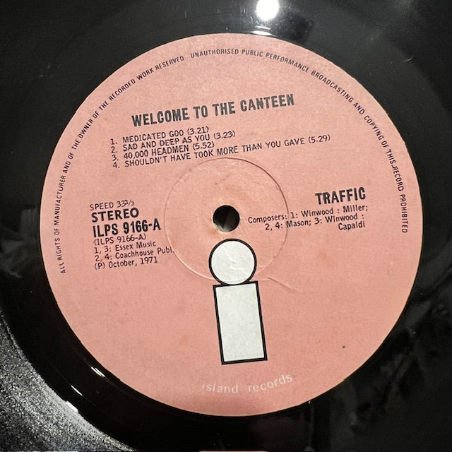 Image of Label Cover of 1925150E: LP - TRAFFIC, Welcome To The Canteen (Island Pink/i logo; ILPS 9166,  1971, Laminated Thick Card Sleeve With Pinched Spine, White Inner Made in Germany, , Unknown Version. ILPS A2-U, B1-U Matrix. No Other Identifiers. ) les Discotheques Sticker on Sleeve  VG+/VG