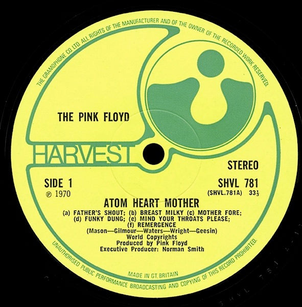 Image of Label Cover of LP - VG/VG - PINK FLOYD, Atom Heart Mother (Harvest Green, Gramophone Co On Rim, No EMI Box; SHVL781, UK 1970, Gatefold, Company Inner, First issue, first label, variant 2. A1-G, B1-G Matrix . World Copyrights/Lupus Music), Light wispy hairlines and one larger superficial non feelable mark, Good gloss to disc, Light sleeve wear and small sticker on rear. ,  - 1716625C