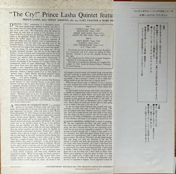 Image of Back Cover of LP - VG/VG - PRINCE LASHA QUINTET FEATURING SONNY SIMMONS, The Cry! (Contemporary Records; LAX 3027, Japan 1975 Reissue, Pasteback Sleeve, Insert, Stereo; No Obi), Groove wear, light hairlines and storage marks. Edge and ring wear.,  - 1446341S