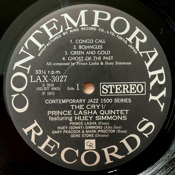 Image of Label Cover of LP - VG/VG - PRINCE LASHA QUINTET FEATURING SONNY SIMMONS, The Cry! (Contemporary Records; LAX 3027, Japan 1975 Reissue, Pasteback Sleeve, Insert, Stereo; No Obi), Groove wear, light hairlines and storage marks. Edge and ring wear.,  - 1446341S