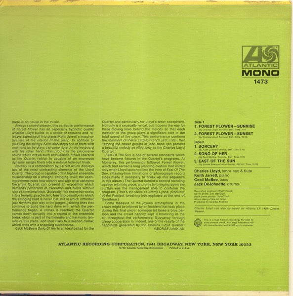 Image of Back Cover of LP - VG+/G+ - CHARLES LLOYD, Forest Flower (At Monterey) (Atlantic Plum & Orange; 1473, US 1967, Gatefold, Mono), Only a few light marks to disc - plays well!,  - 4016370C