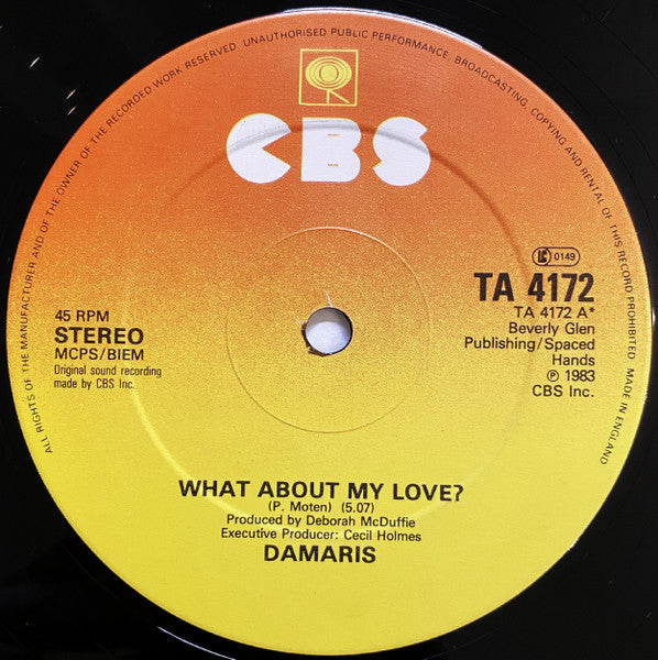 Image of Front Cover of 12" - /G+ - DAMARIS, What About My Love? / Hooray For Love (CBS; TA 4172, UK 1983), Light marks, plays VG,  - 4346336S
