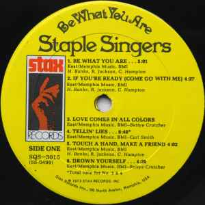 Image of Label Cover of LP - VG/VG+ - THE STAPLE SINGERS, Be What You Are (Stax; SQS 3015, US 1973, Embossed Sleeve, Quadraphonic. Sonic pressing.), A couple of light hairlines only. Corner cut bottom left.,  - 3626157E