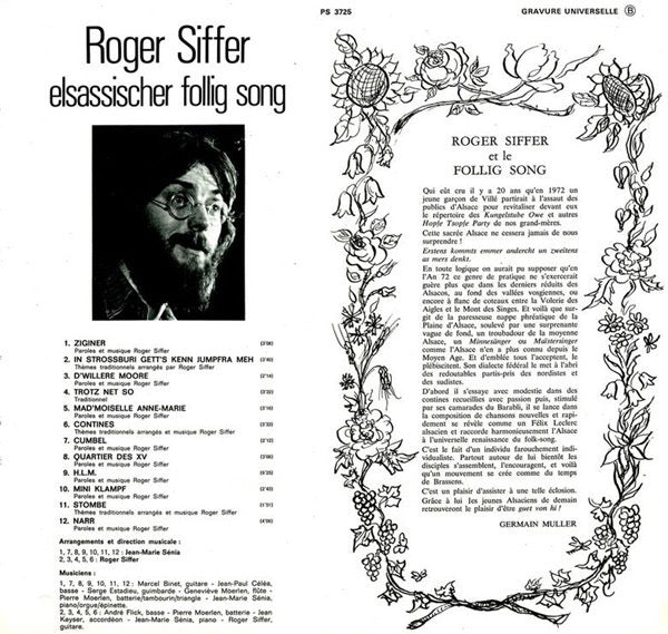 Image of Back Cover of 1915316C: LP - ROGER SIFFER, Follig Song (Prodisc Strasbourg; PS 3725, France 1972)   VG/VG+