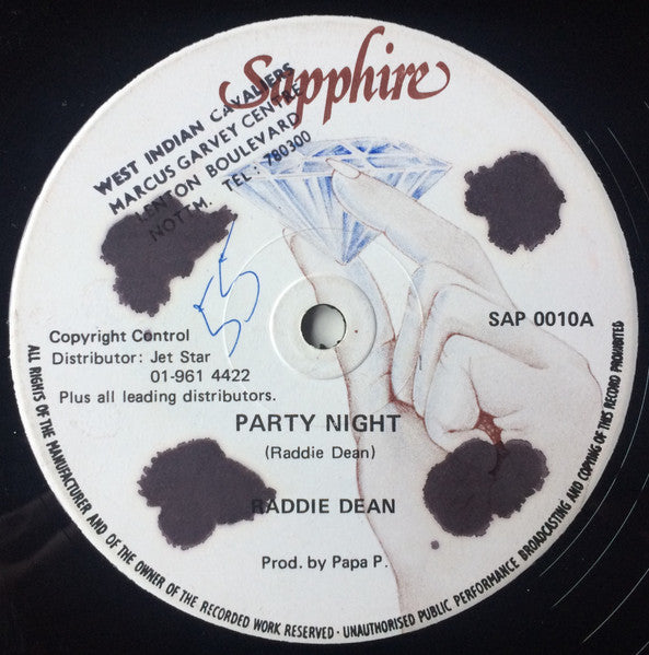 Image of Front Cover of 12" - /G+ - RADDIE DEAN, Party Night (Sapphire; SAP 0010, UK , Generic Sleeve), Only light hairlines on disc.,  - 1945281S
