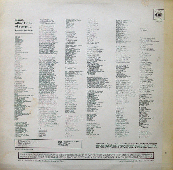 Image of Back Cover of 0125181E: LP - BOB DYLAN, Another Side Of Bob Dylan (CBS Orange (33 1/3 On Label); 62429, UK 1960s, Laminated Front Sleeve, Stereo Text at Bottom of Rear Sleeve, EJ Day Printing Credit) Strong VG  VG+/VG