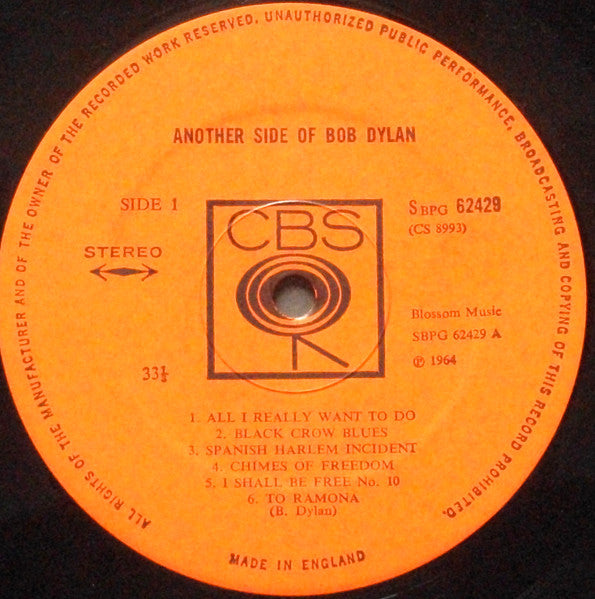 Image of Label Cover of 0125181E: LP - BOB DYLAN, Another Side Of Bob Dylan (CBS Orange (33 1/3 On Label); 62429, UK 1960s, Laminated Front Sleeve, Stereo Text at Bottom of Rear Sleeve, EJ Day Printing Credit) Strong VG  VG+/VG