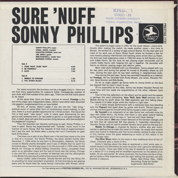 Image of Back Cover of LP - G+/G+ - SONNY PHILLIPS, Sure 'Nuff (Prestige; PR 7737, US 1970, VAN GELDER stamp in runouts, Stereo), sleeve corner clipped, ghost from old sticker and pen marking on front, ringwear and edgewear. vinyl strong G+ - has fogging and plays well with some surface noise. ,  - 1925353E