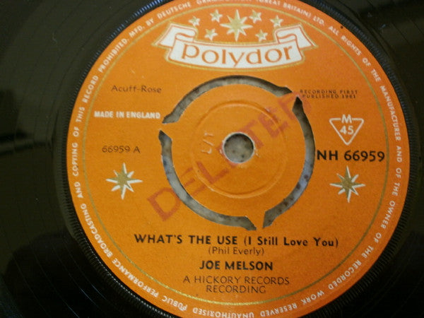 Image of Front Cover of 2015219C: 7" - JOE MELSON, What's The Use (I Still Love You) (Polydor; NH 66959, UK 1961, Company Sleeve) Light marks only, Plays well, Torn Company sleeve  G+/G+